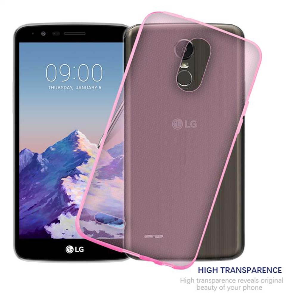 Telefono in una custodia trasparente rosa. Testo: L'alta trasparenza rivela la bellezza originale.
