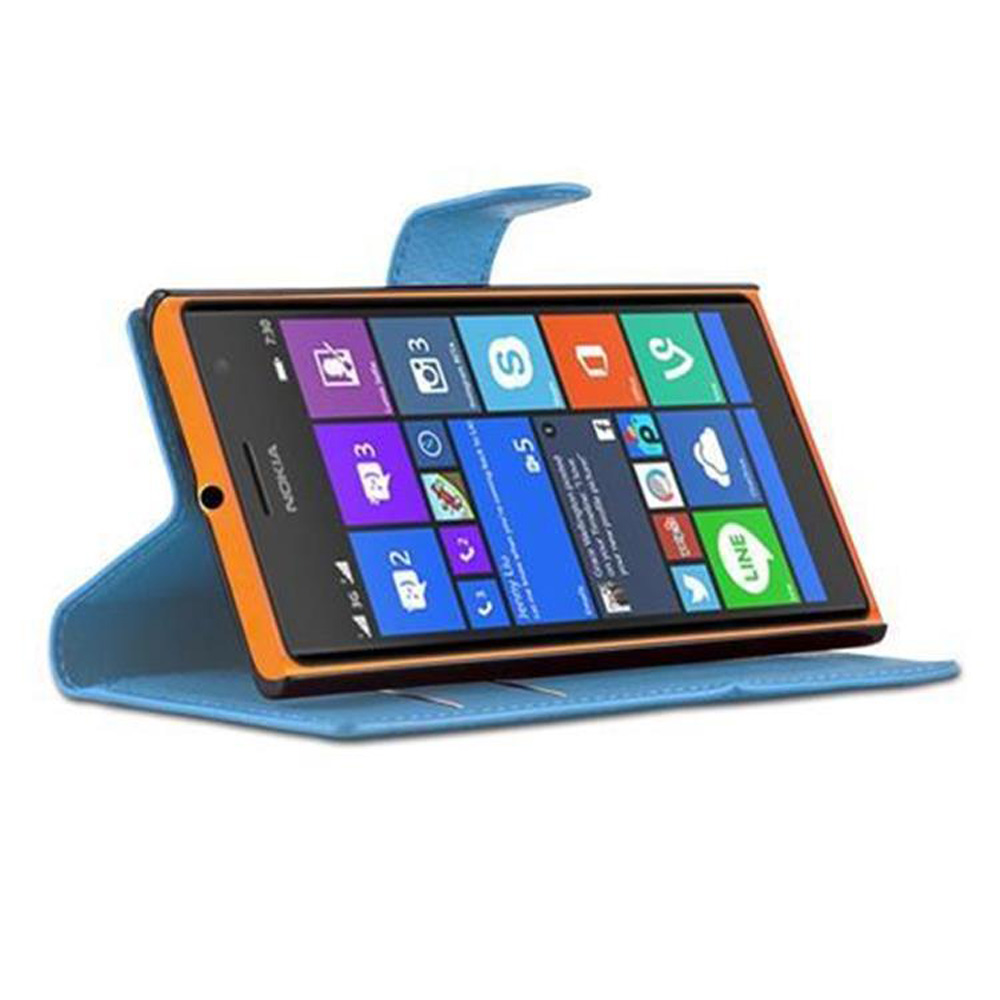 Telefono Nokia in una custodia blu. Il telefono ha un bordo arancione ed è aperto.