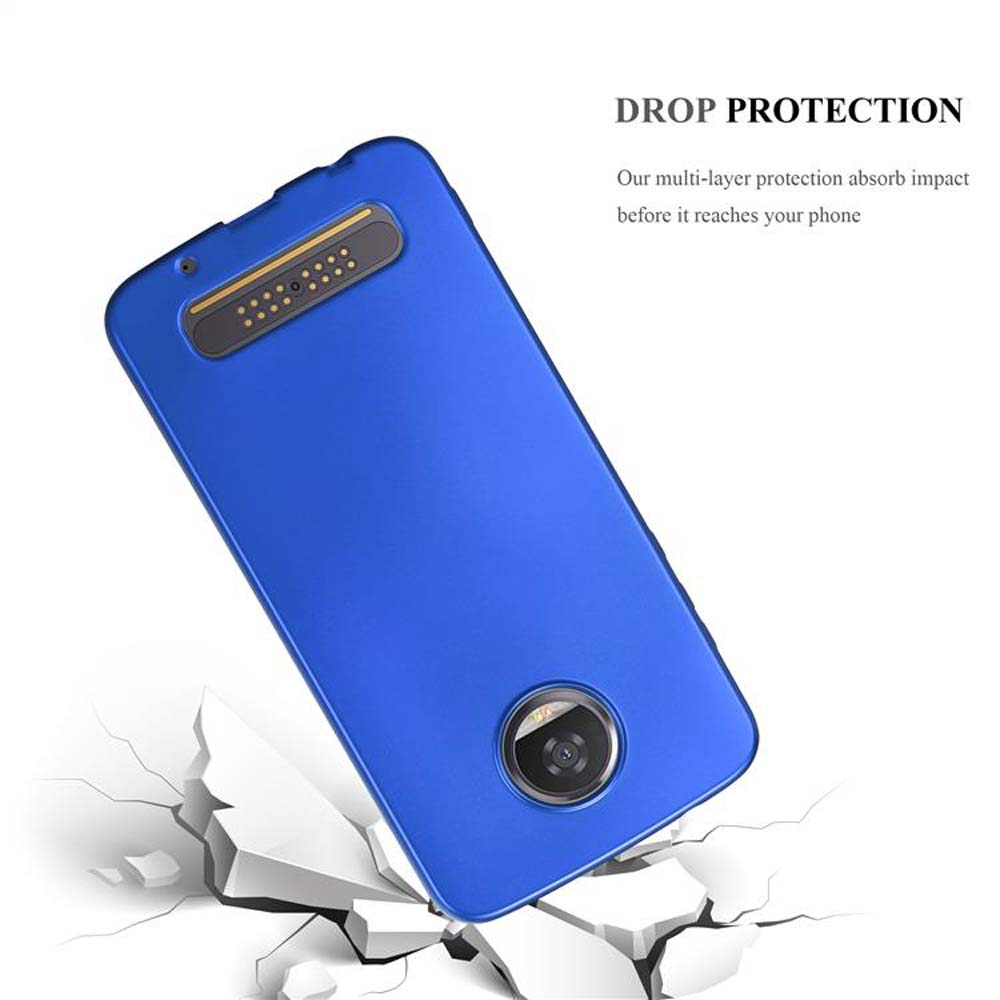Custodia blu per telefono angolata, crepe sotto. Testo: Protezione dalle cadute.