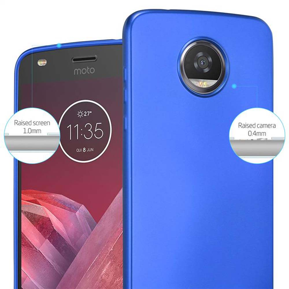 Una custodia blu per telefono con un telefono all'interno. Lo schermo del telefono mostra l'ora.