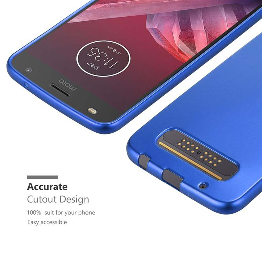 Custodia blu per telefono, che mostra il display del telefono con l'ora. Viene menzionato il design ritagliato.