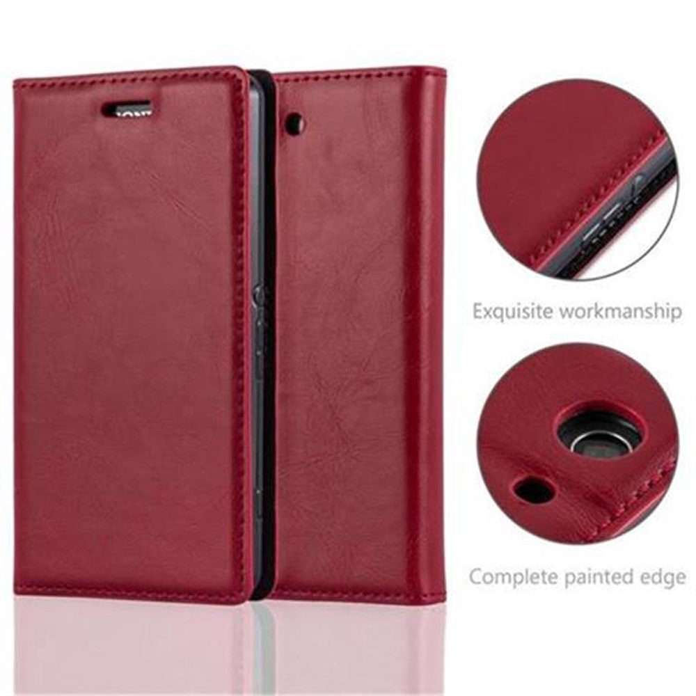 Funda roja para teléfono, cerrada. Detalles: exquisita mano de obra, borde completamente pintado. El fondo es blanco.