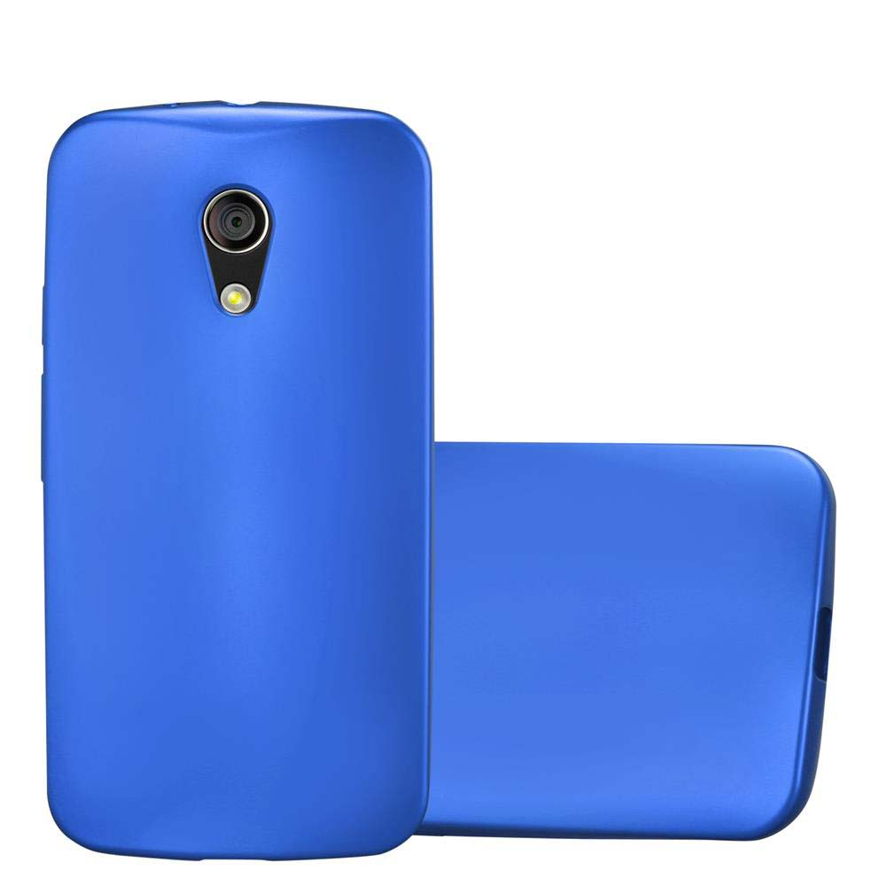 Una funda azul para teléfono. El teléfono es azul y tiene una cámara en la parte trasera.
