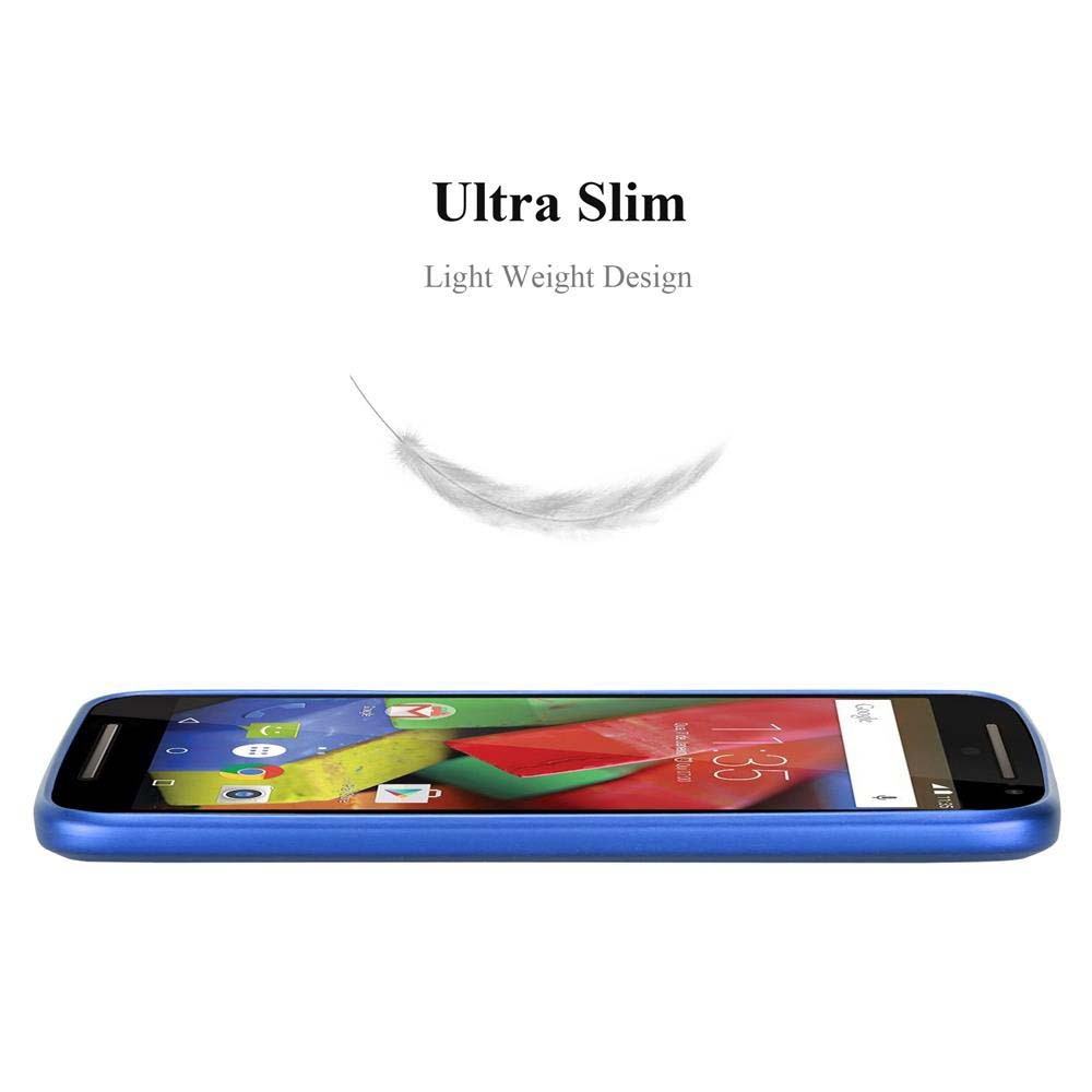 Teléfono azul con funda azul. El texto dice 'Ultra Slim' y 'Light Weight Design' con un gráfico de pluma.