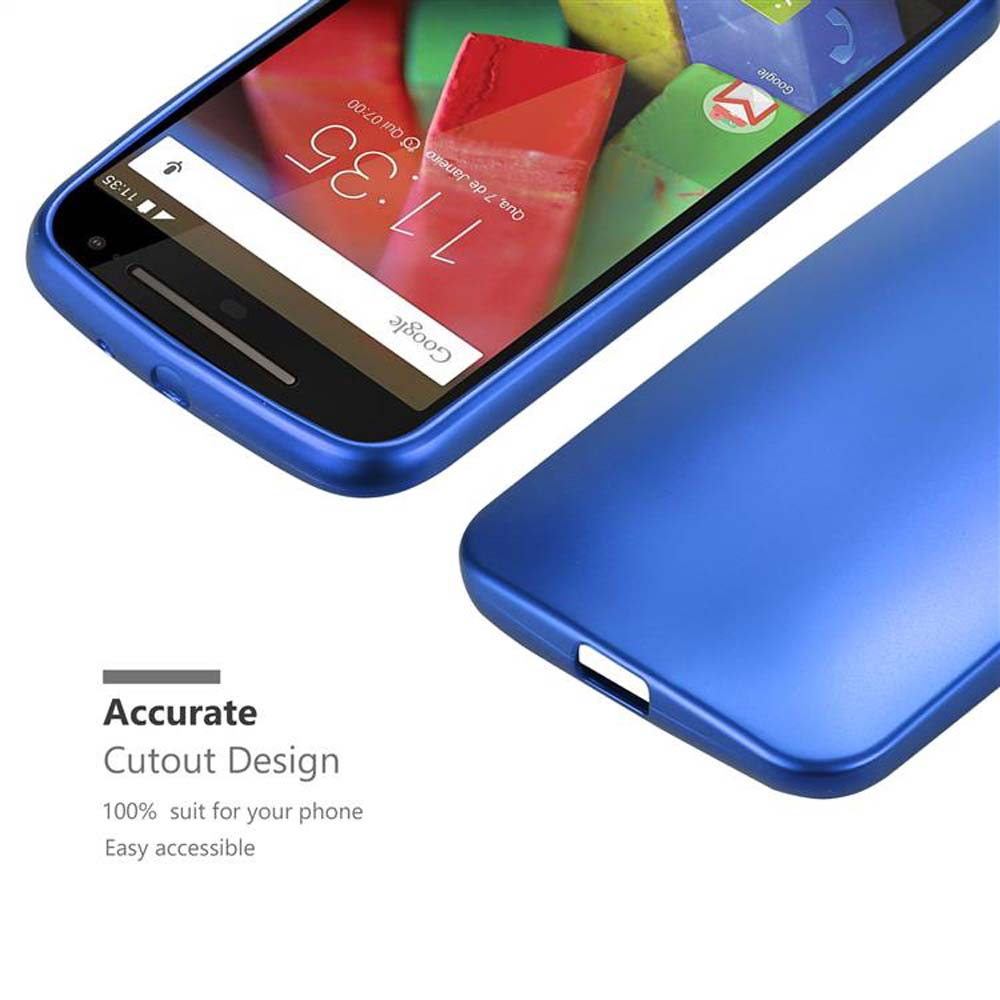 Funda de teléfono inteligente en color azul. Vista cenital que muestra la funda con recortes para los botones.