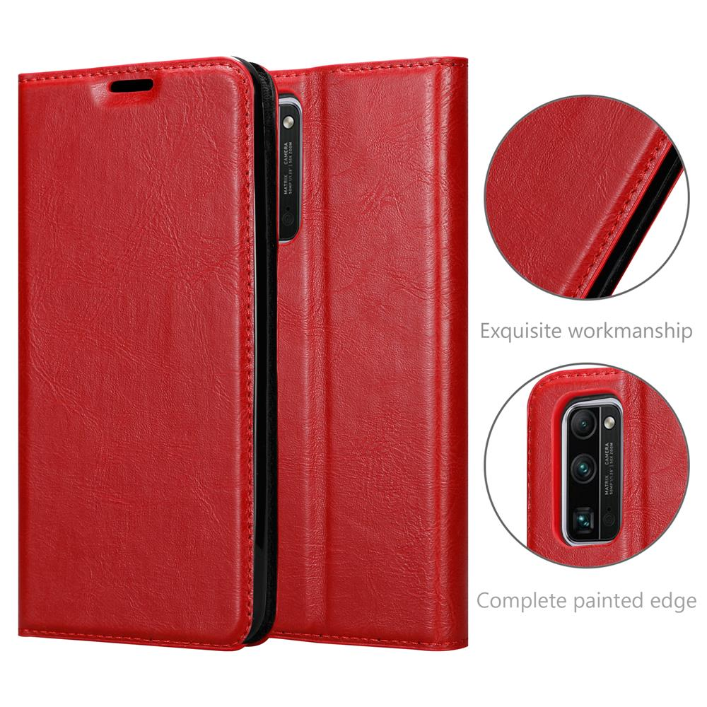 Custodia per telefono. Materiale simile alla pelle rossa. Dettagli: Lavorazione squisita, Bordo completamente verniciato. Primo piano.
