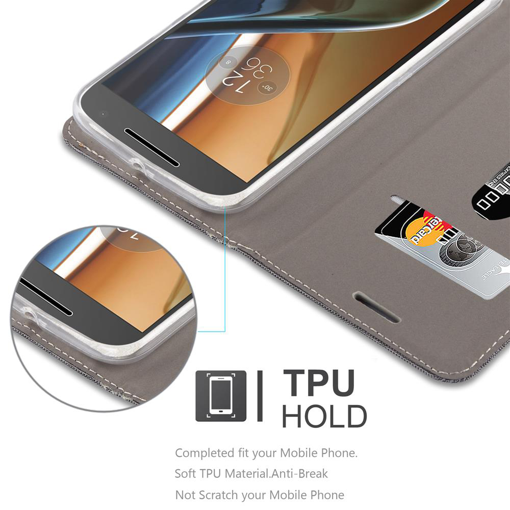 Telefono in una custodia a portafoglio con slot per schede. Il testo TPU HOLD è visibile.