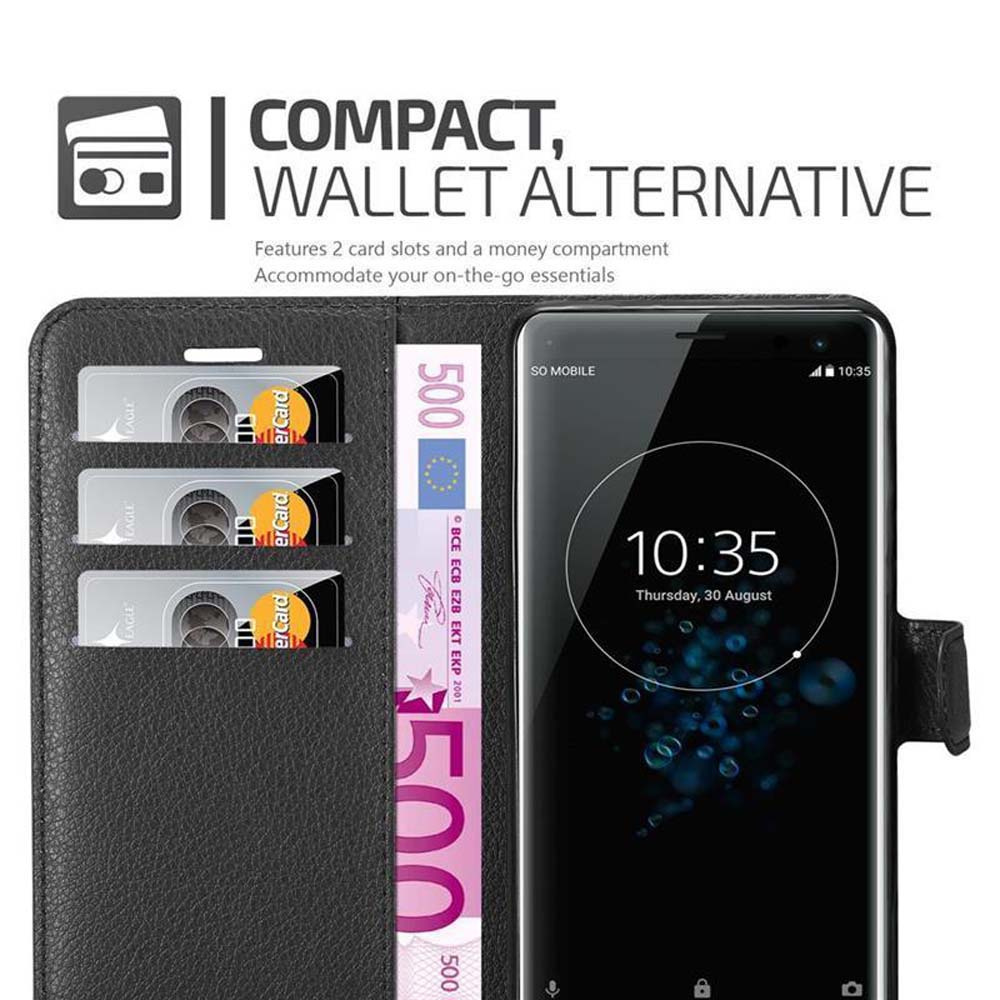 Telefono nero in custodia a portafoglio nera con fessure per carte e banconota da 500 euro.