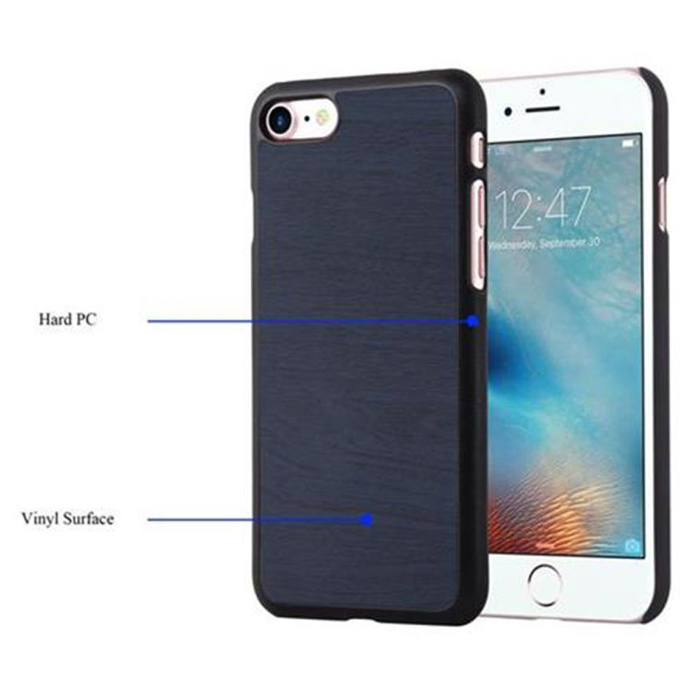 Telefono bianco con custodia nera. Telefono e custodia affiancati. Testo 'Hard PC' e 'Vinyl Surface'.