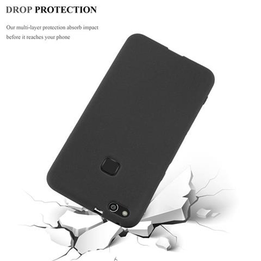 Custodia nera che cade su blocchi bianchi rotti. Testo: 'DROP PROTECTION'.