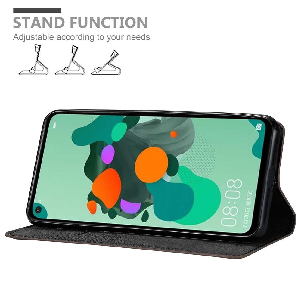 Telefon in einer Hülle, die stehen kann. Text: Standfunktion. Anpassbar an Ihre Bedürfnisse. Der Bildschirm zeigt die Zeit.
