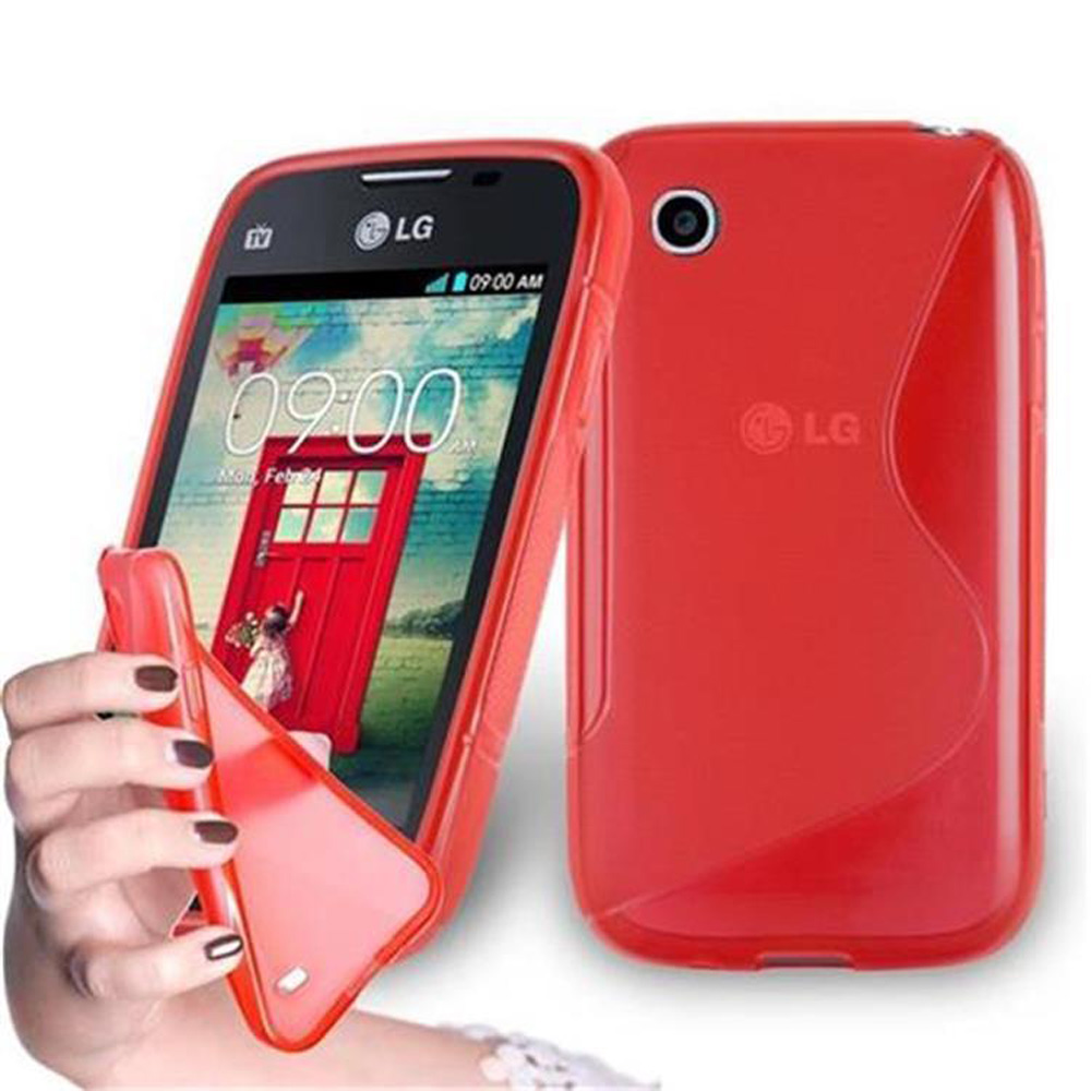 Telefono rosso con custodia rossa. Il telefono mostra una porta rossa e una donna. La custodia è rossa.