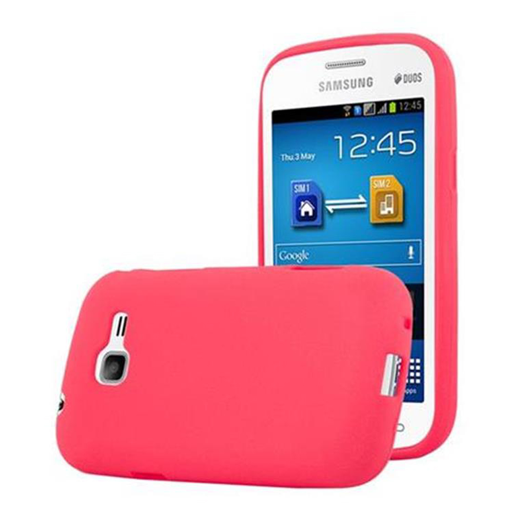 Teléfono y funda rosas. El teléfono muestra la hora y el estado de la SIM.