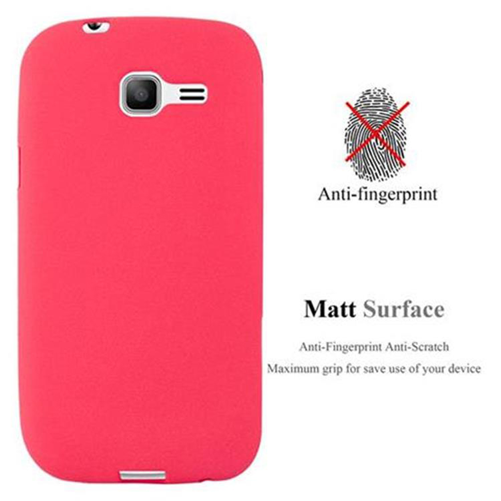 Una funda roja para teléfono con un recorte en forma de teléfono. Texto: Antihuellas, superficie mate.