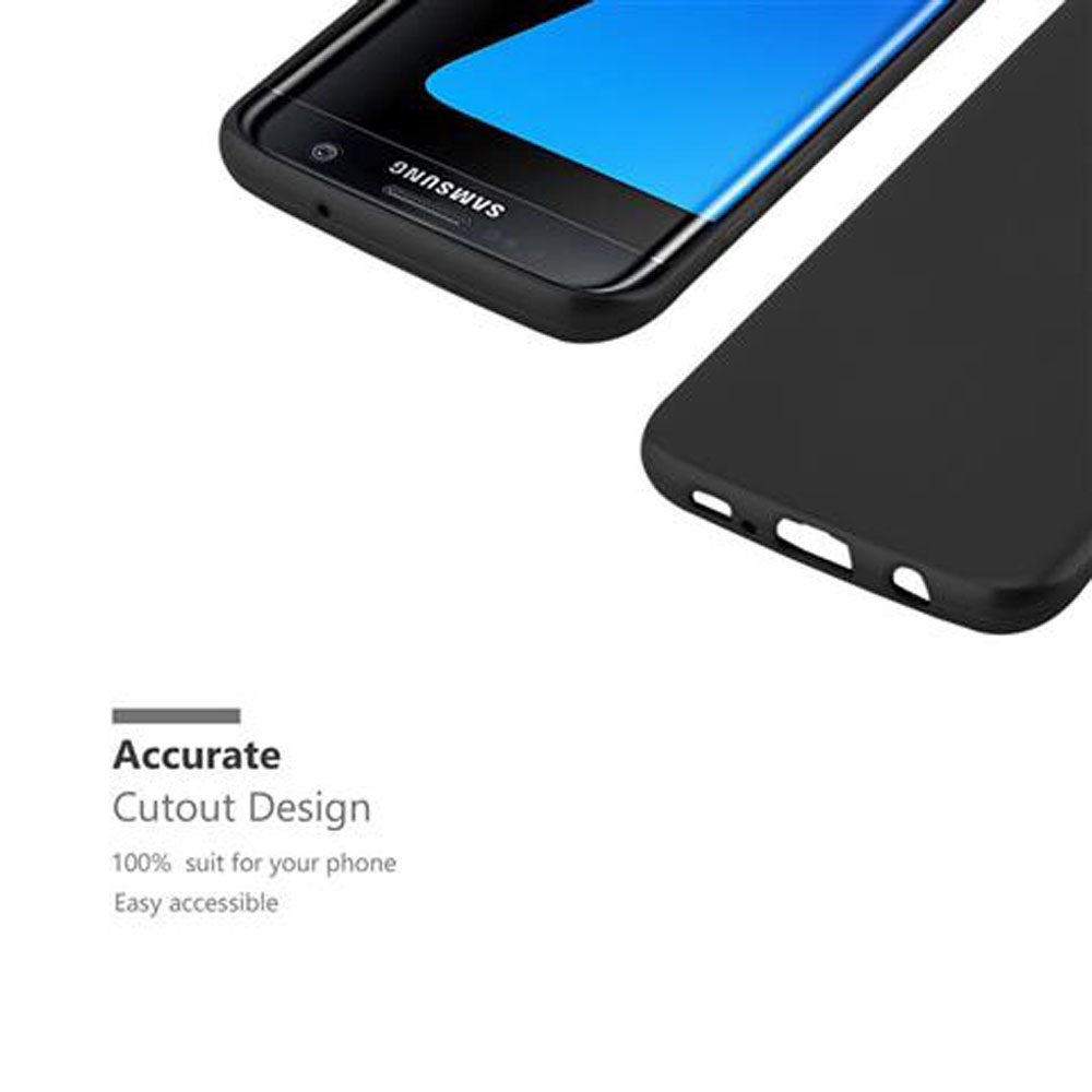 Schwarze Handyhülle und Telefon, nebeneinander. Text: Accurate Cutout Design, Easy Accessible. Weißer Hintergrund.