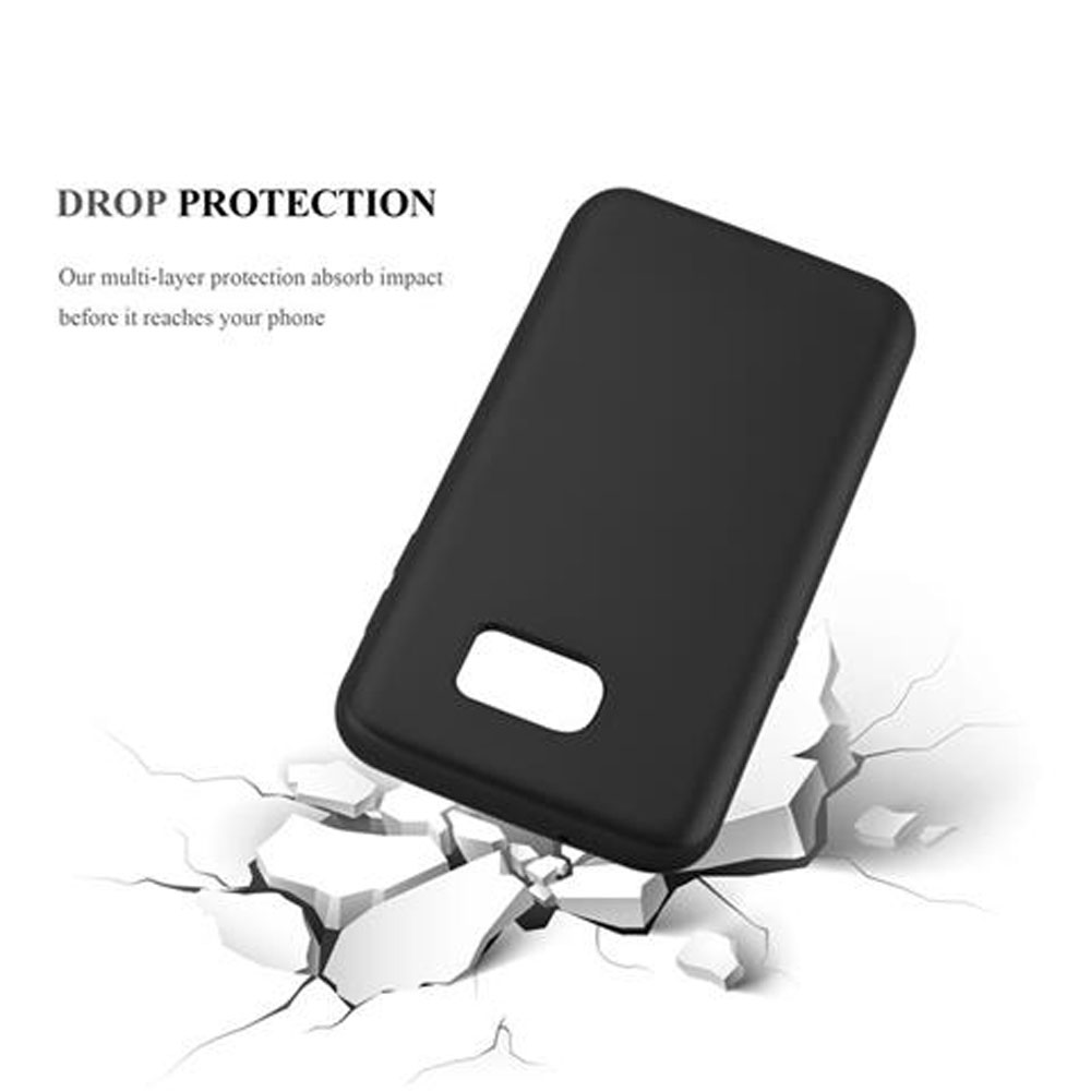 Schwarze Handyhülle. Text: Drop Protection. Das Gehäuse liegt auf zerbrochenem weißem Stein.