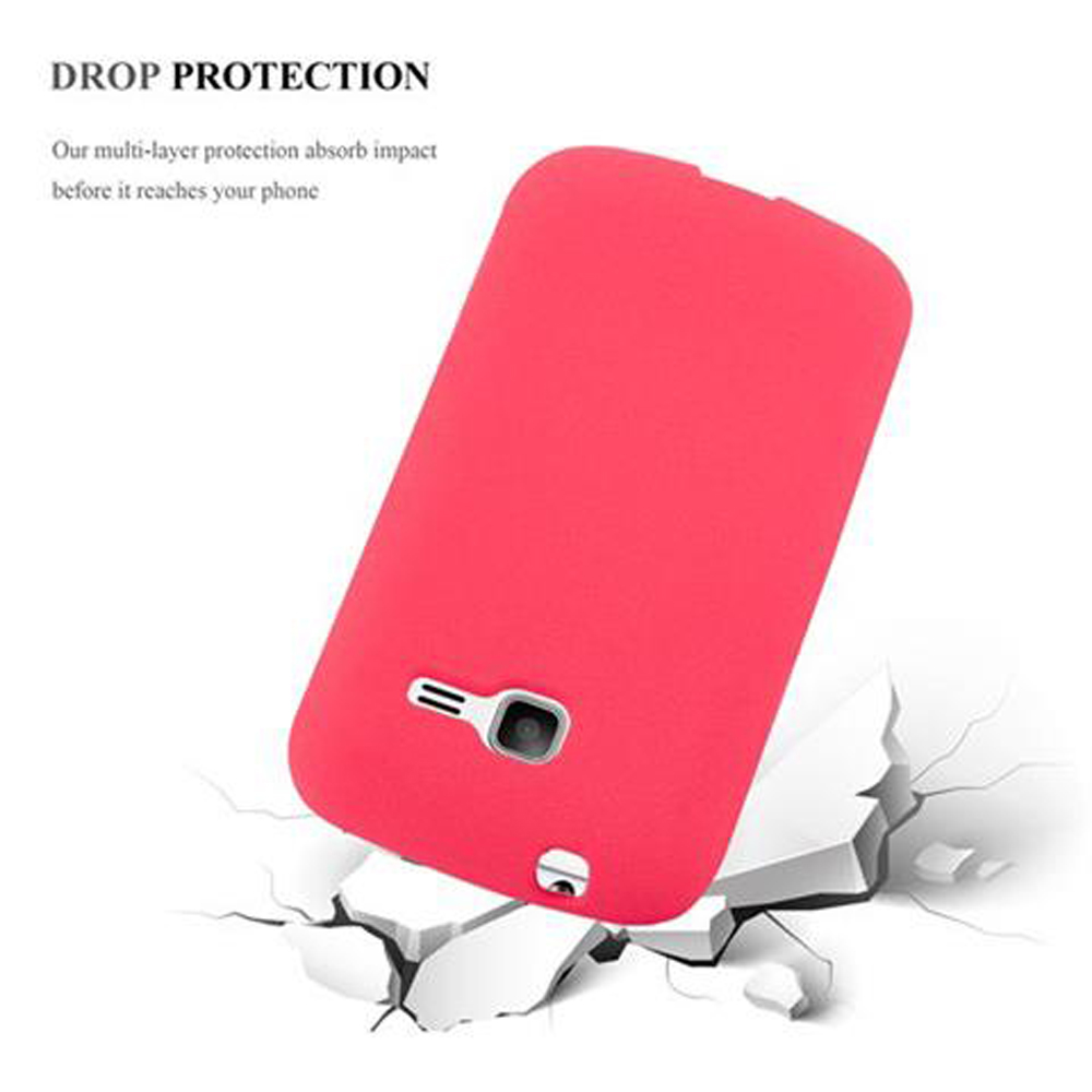 Funda de teléfono rosa apoyada en superficie blanca rota, con texto 'Drop Protection'.