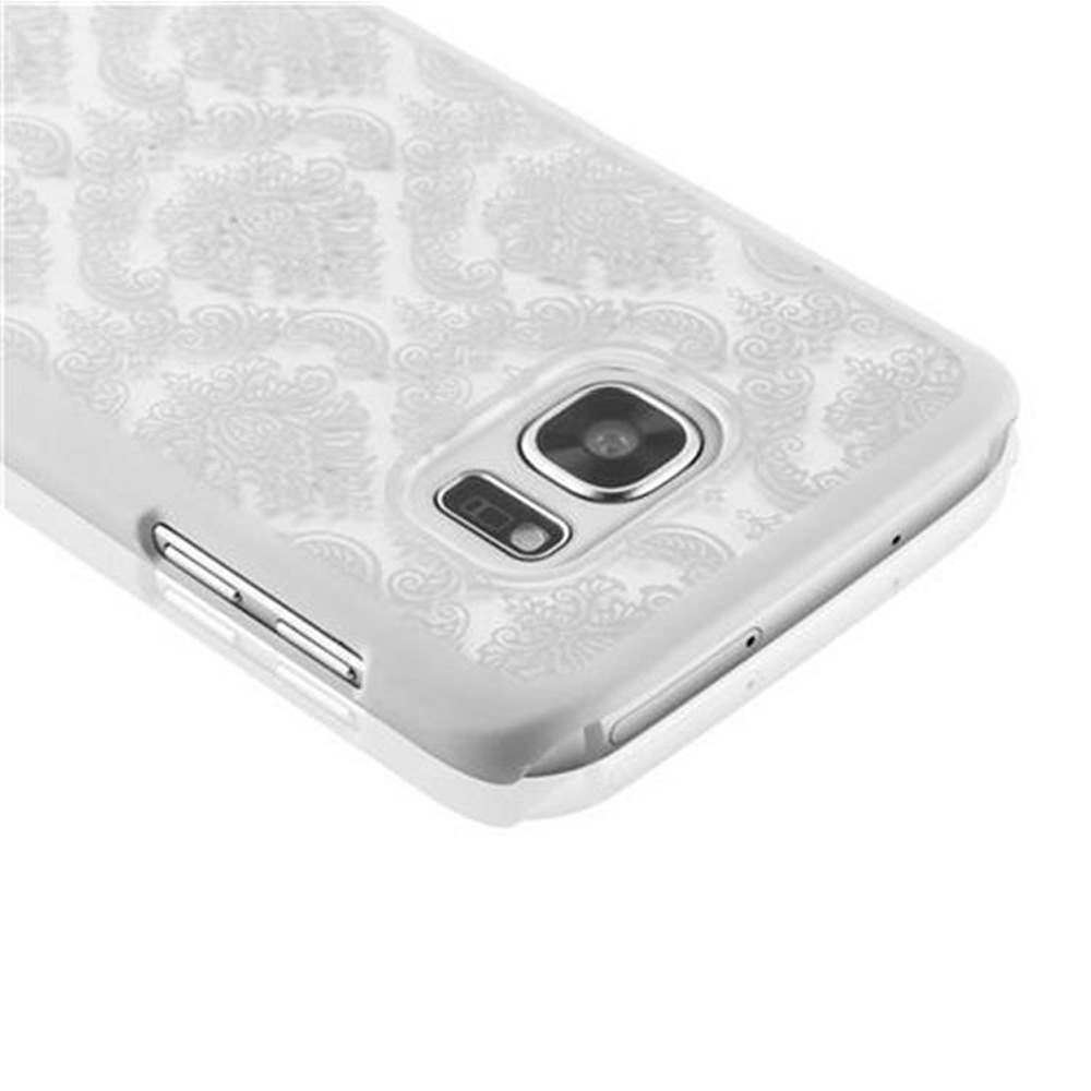 Weißes Handycase mit floralem Muster. Kamera und Knöpfe sind sichtbar.