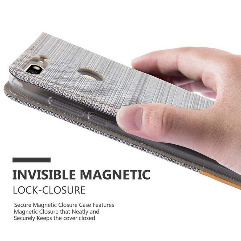 Telefono in custodia, con testo 'Invisible Magnetic Lock-Closure' e primo piano della custodia.