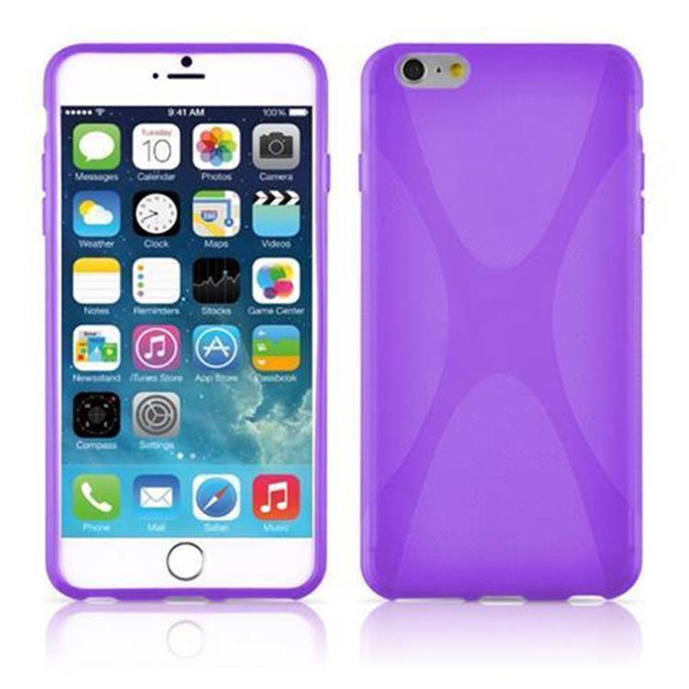 Custodia per telefono viola con un telefono all'interno. Lo schermo mostra le icone delle app. Telefono bianco.