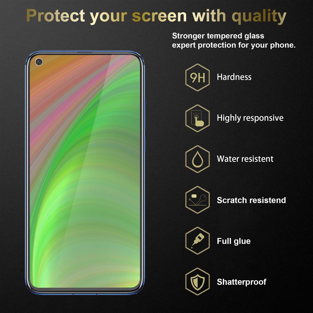 Schermo del telefono con protezione. Le icone mostrano caratteristiche come durezza, resistenza all'acqua e colla piena.