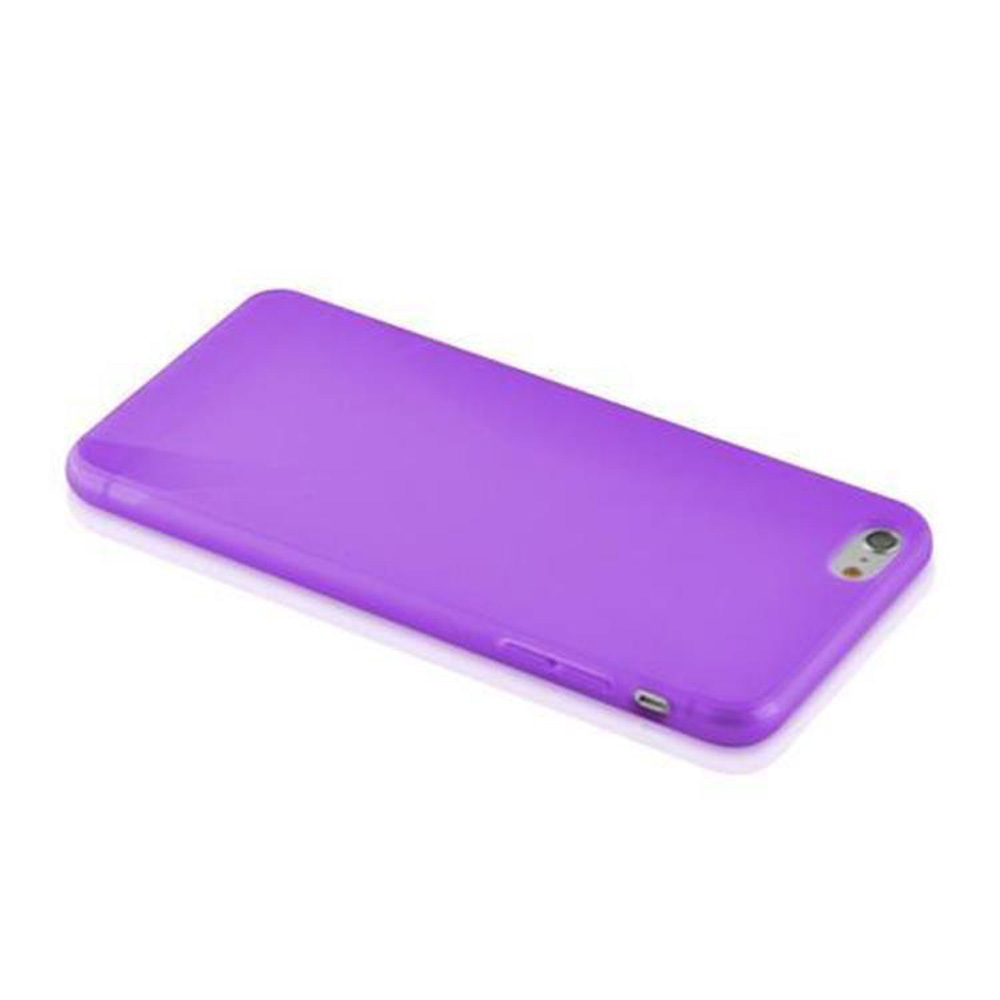 Una custodia per telefono viola su una superficie bianca. La custodia ha una finitura liscia e lucida. Vista angolata, leggera ombra.