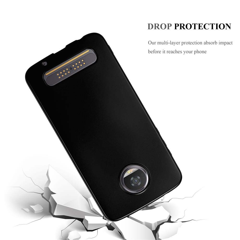 Un telefono nero in una custodia sta cadendo, con una superficie incrinata sottostante. Il testo dice DROP PROTECTION.