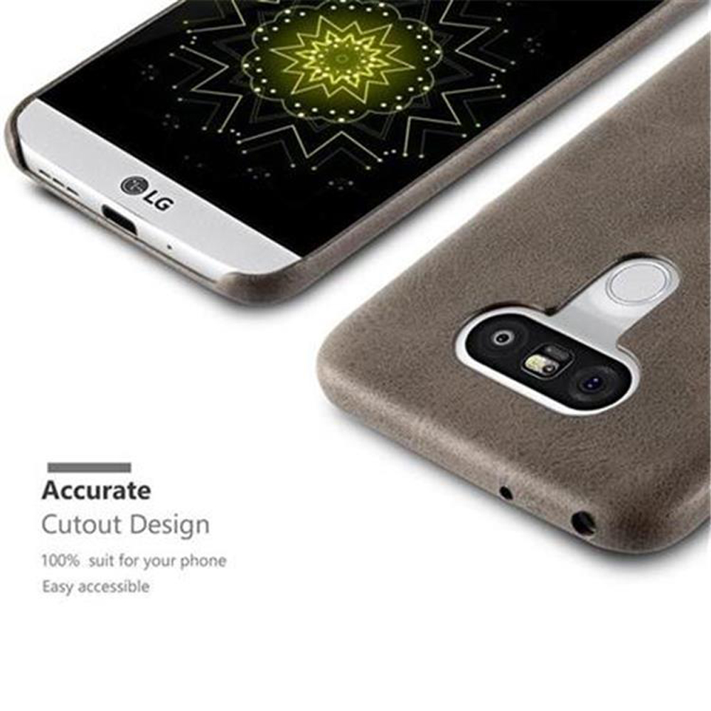 Telefono e custodia, testo: Design con ritaglio preciso. Il telefono è in una custodia. Il telefono e la custodia sono grigi.