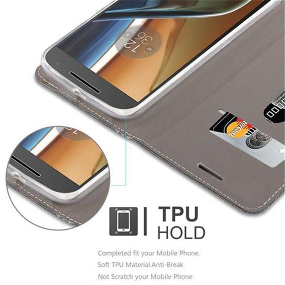 Custodia per telefono aperta con un telefono all'interno. Il telefono mostra un'interfaccia con carte.