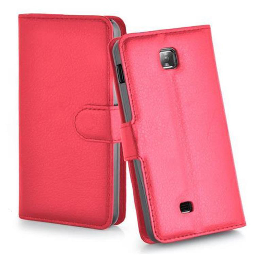 Due custodie rosse per telefono, una aperta, una chiusa, con chiusura magnetica.