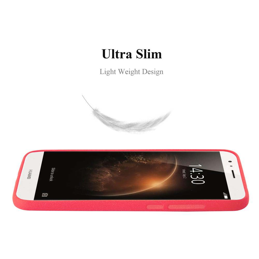 Una funda roja para teléfono sujeta un teléfono, mostrando la pantalla. La funda está plana.