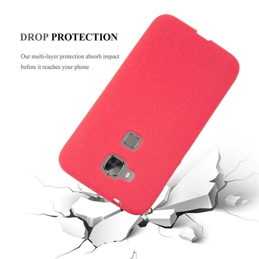 Funda de teléfono roja en ángulo sobre suelo blanco roto. Texto: Protección contra caídas.