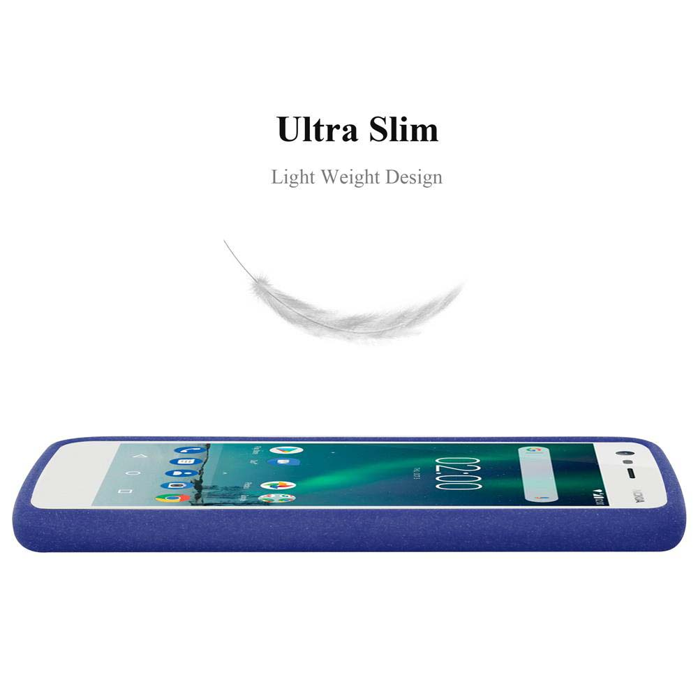Una custodia per telefono blu sottile. Una piuma è sopra la custodia del telefono.