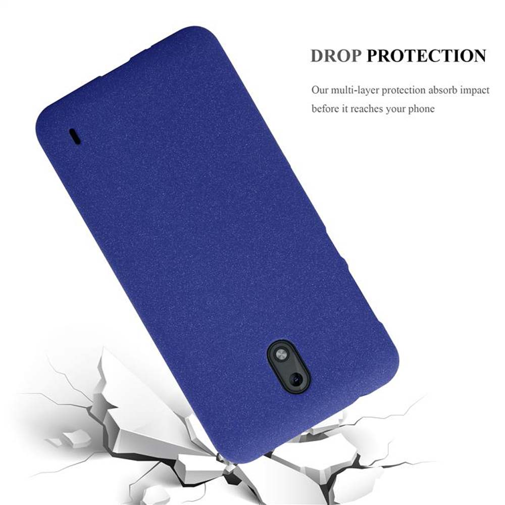 Custodia blu per telefono con un telefono. La custodia sta cadendo. Testo: Protezione dalle cadute. Il telefono è blu.