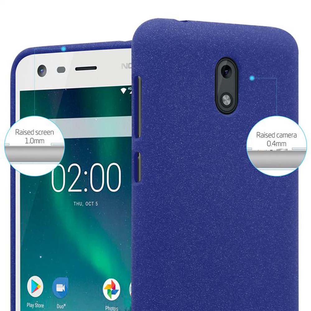 Telefono blu, con custodia. Lo schermo e la fotocamera sono evidenziati con cerchi ed etichette.