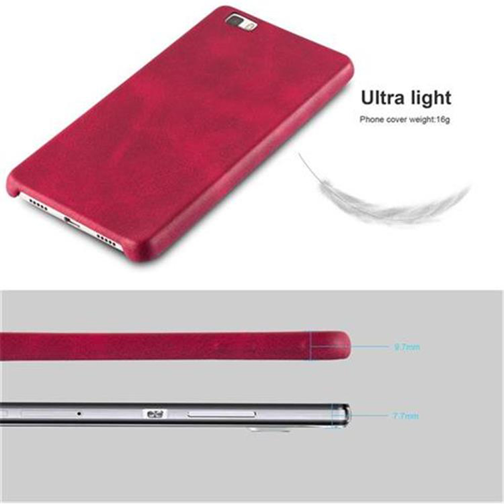 Custodia per telefono rossa con un telefono all'interno. Testo: Ultraleggera, Peso della cover: 16g. Viene mostrato il lato del telefono.