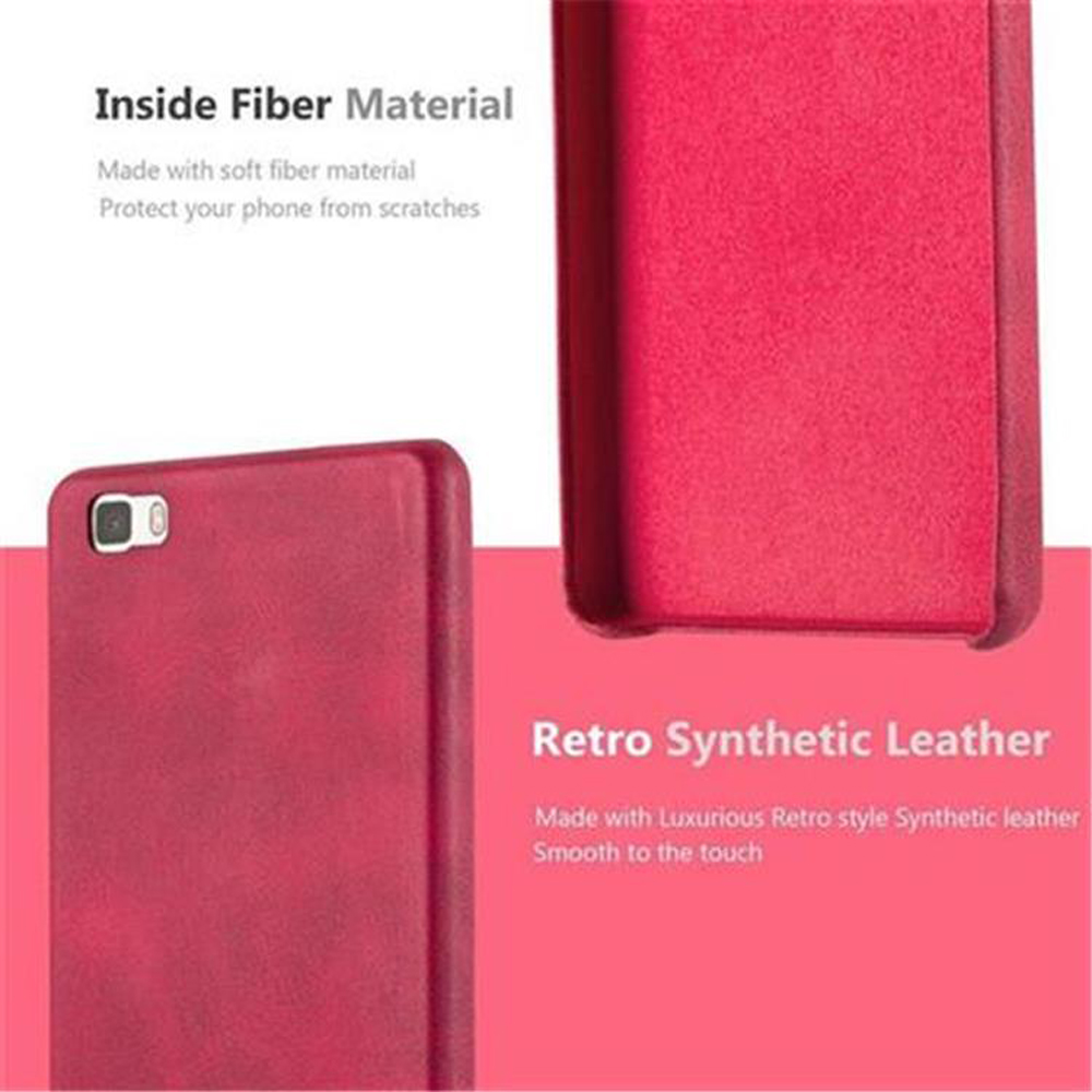 Componenti della custodia del telefono rossa e testo. Il testo evidenzia i materiali in fibra interna e similpelle retrò.