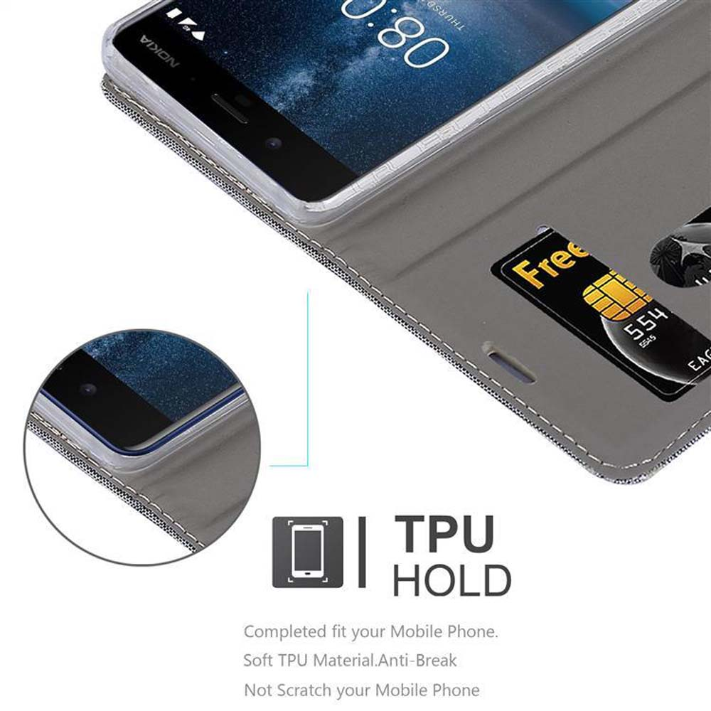 Ein Telefon mit Kreditkarte in einer Hülle. Der Bildschirm zeigt die Uhrzeit 08:30. Die Hülle ist grau mit schwarzem Rahmen.