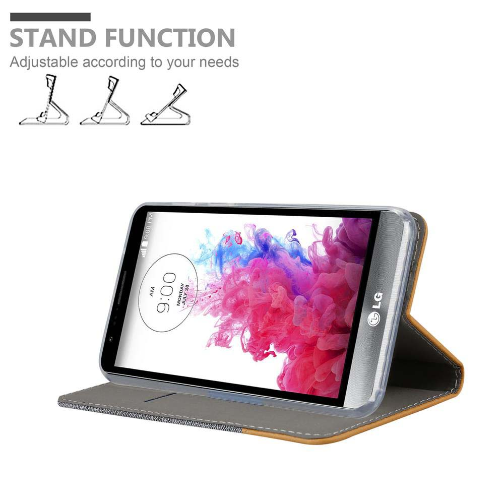 Handyhülle mit Standfunktion. Telefon in Hülle, offen. Text: Standfunktion, anpassbar.