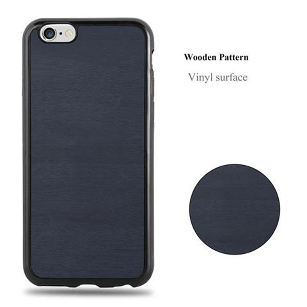 Custodia nera per telefono con texture in legno. Cerchio con texture in legno su sfondo bianco.