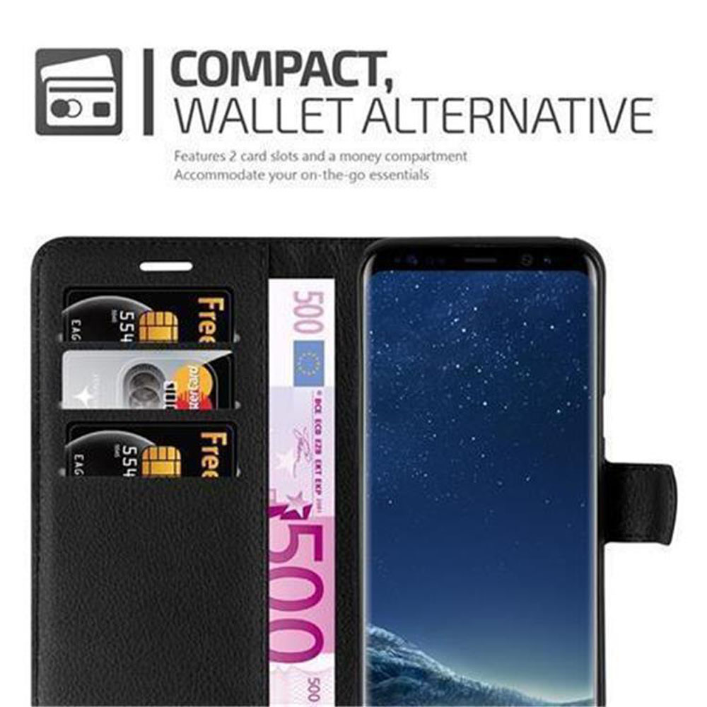 Handyhülle mit Kartenfächern und Geldfach. Text: Kompakt, Wallet-Alternative. Der Bildschirm ist schwarz.