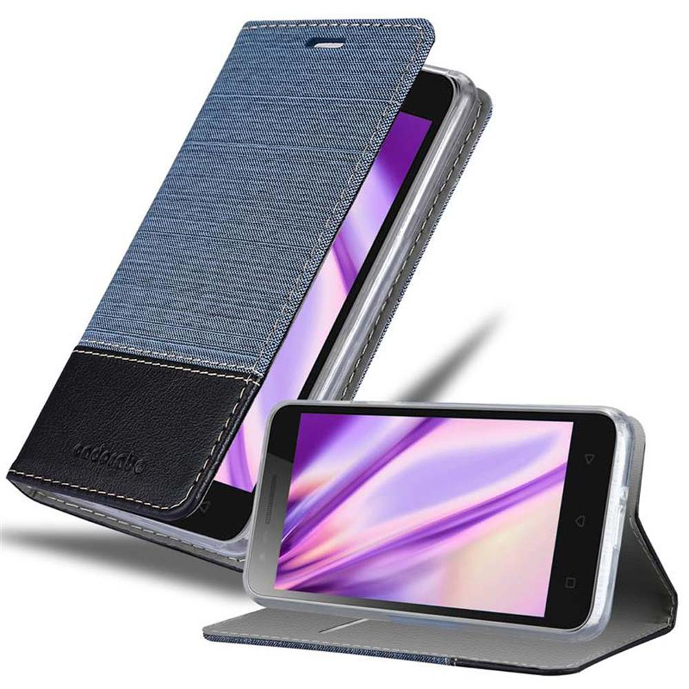 Handyhülle mit blauem Stoff und schwarzem Leder. Zeigt Telefon mit lila Display. Hülle offen.