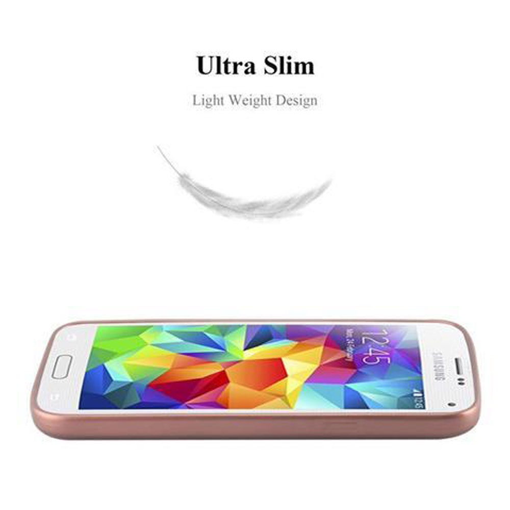 Ein roségoldenes Telefon in einer roségoldenen Hülle mit einer Federgrafik darüber.