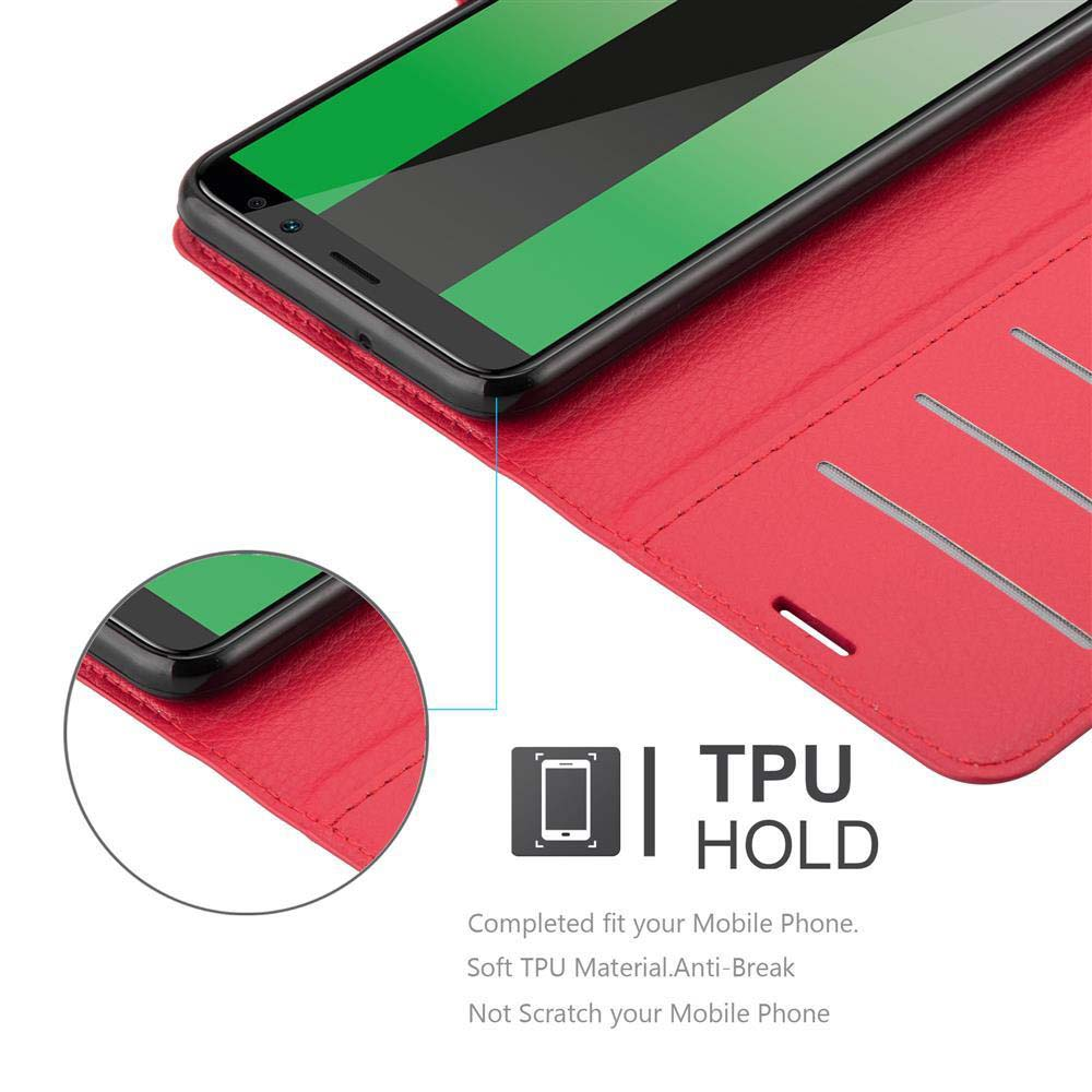 Una custodia per telefono rossa, aperta, con un telefono all'interno. La custodia ha un supporto in TPU, è anti-rottura e non graffia il telefono.