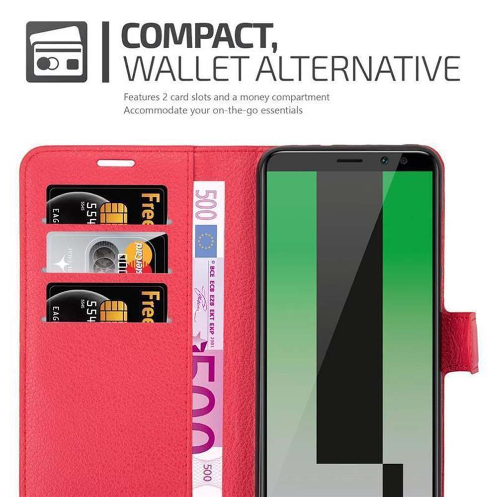 Custodia rossa per smartphone aperta, rivela telefono e scomparti per carte e denaro.