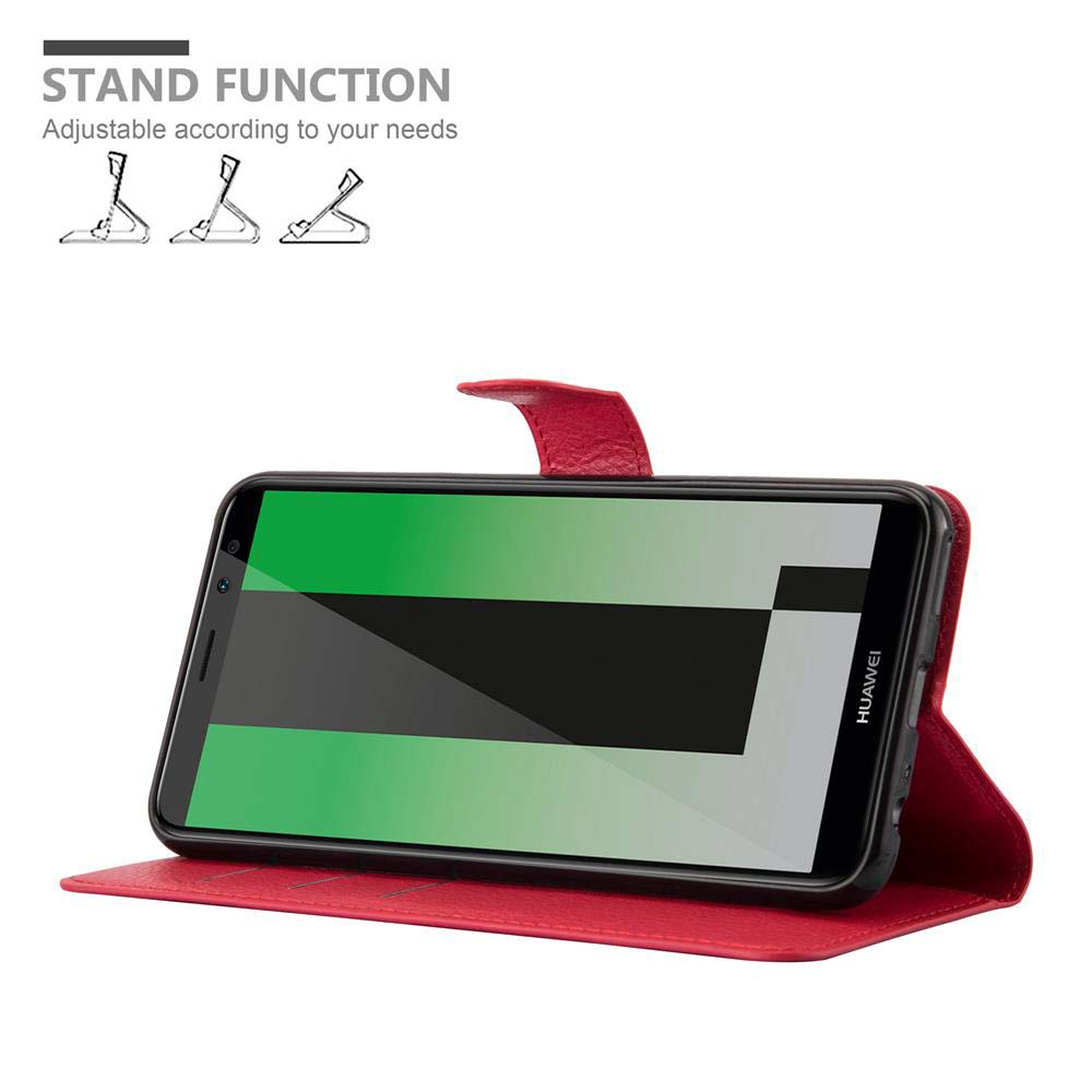 Telefono in una custodia rossa. È in modalità stand. Lo sfondo è bianco.