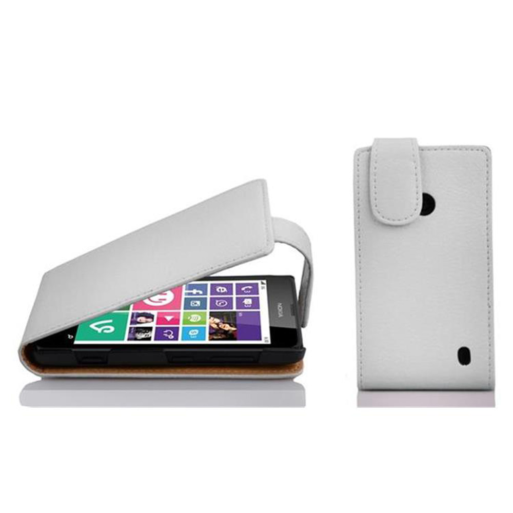 Funda blanca para teléfono, abierta y cerrada. Muestra un teléfono con pantalla colorida.