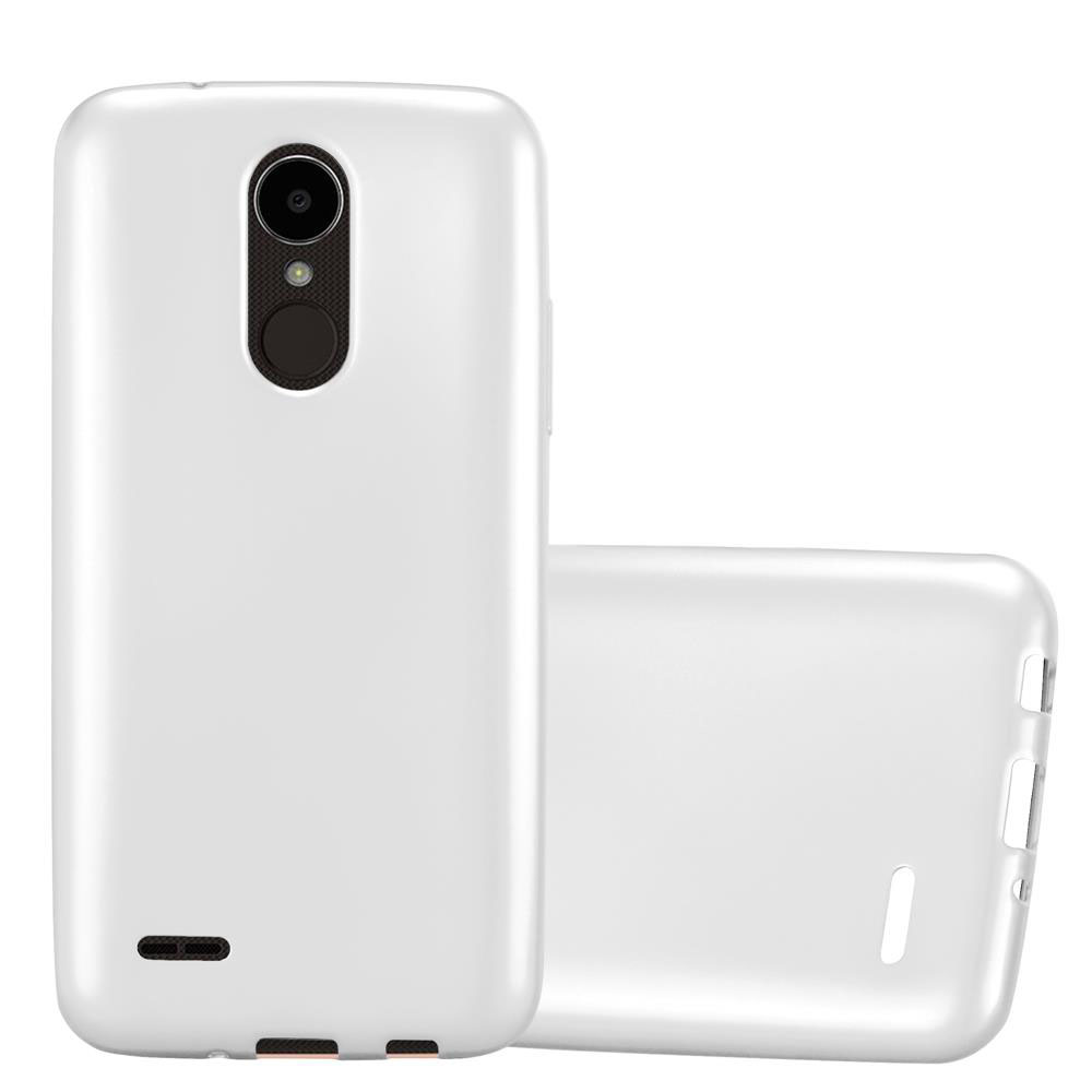 Dos fundas blancas para teléfono. Una de pie, otra plana.