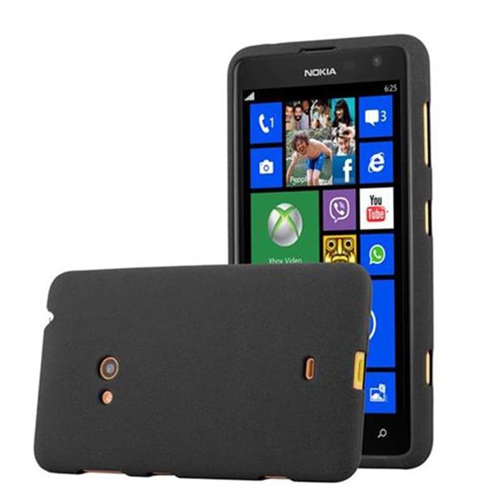 Teléfono negro con funda. Muestra la pantalla y la parte trasera con funda.