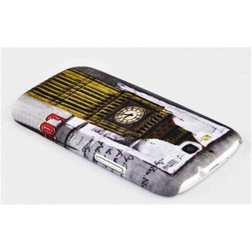 Handyhülle mit Big Ben-Design. Die Hülle ist weiß und grau mit dem Bild von Big Ben darauf.